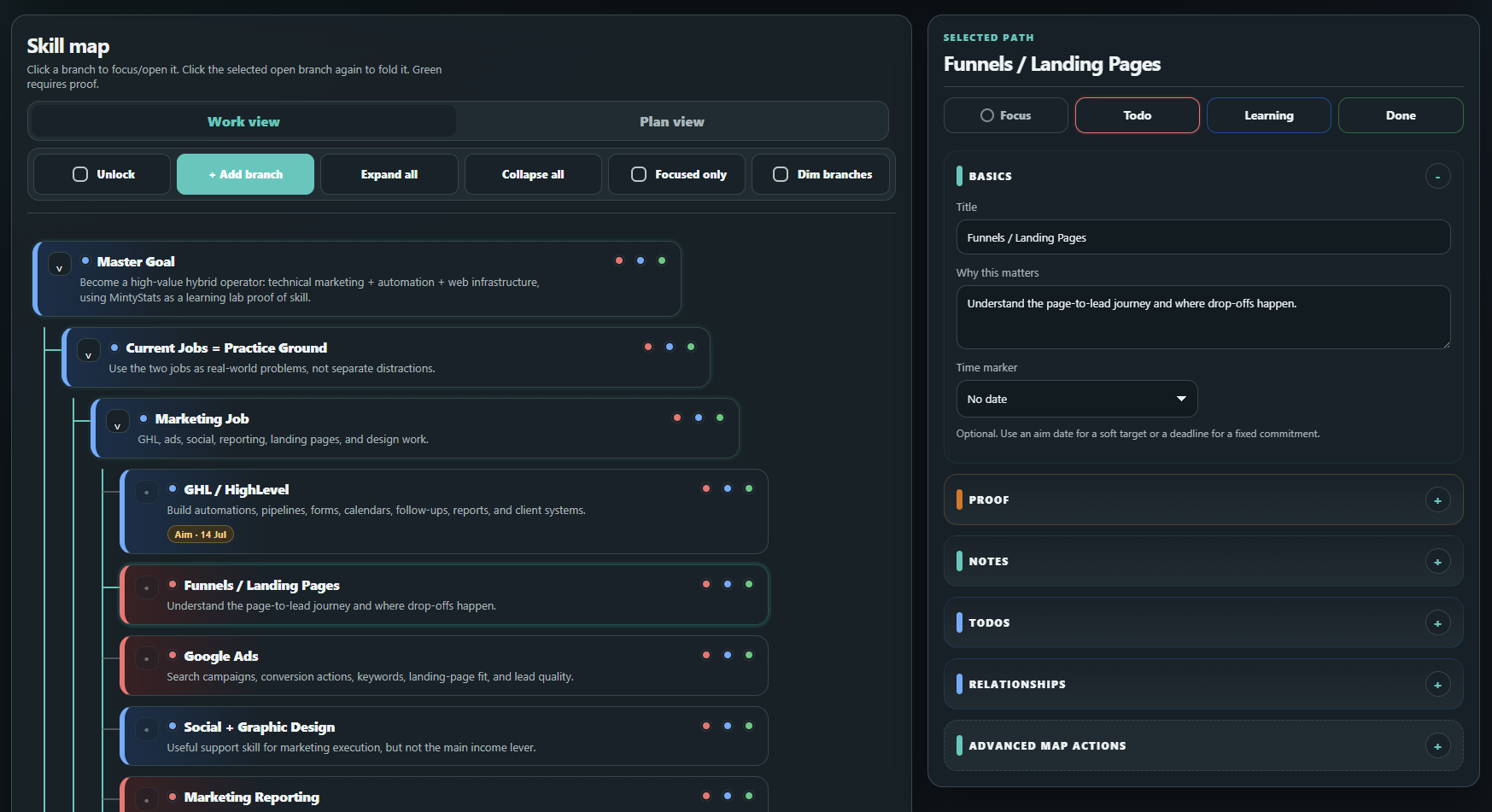 Minty Path Work View showing a Growth Path, branch controls, statuses, and the selected-path panel